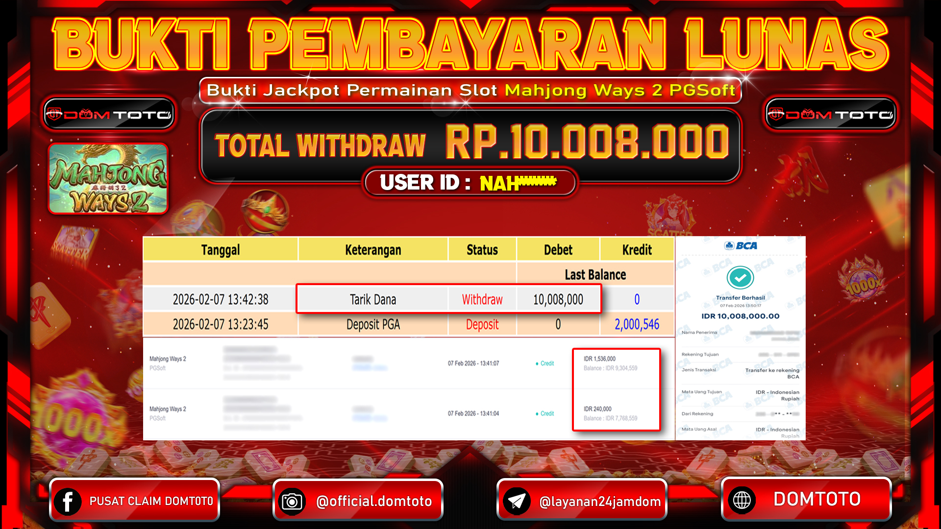 JACKPOT SLOT Mahjong Ways 2 PGSoft 07 FEBRUARI 2026